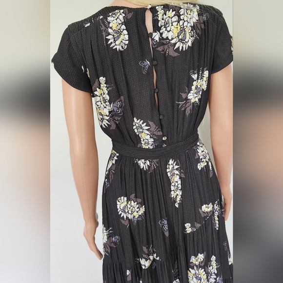 FREE PEOPLE RUFFLE FRILL BELTED FLORAL CAP SLEEVES BUTTONS MIDI DRESS SZ.4 - Picture 10 of 15